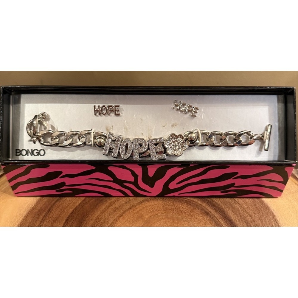 Y2K Bongo HOPE Charm Bracelet‎ Earrings Set Silver Tone Rhinestone  New In Box